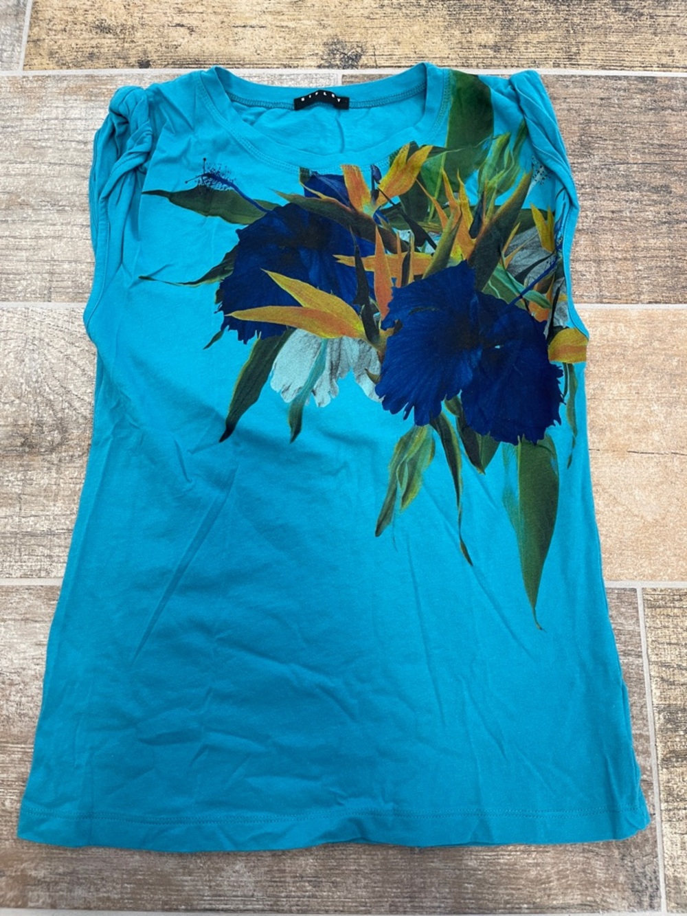 Sisley Blue Floral Print Tee Tank Top Womens Size XS
